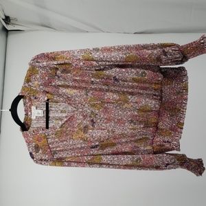 Rachel Zoe Balloon Sleeve Smocked Hem and At Wrist Pink Cream Ties at Neckline L